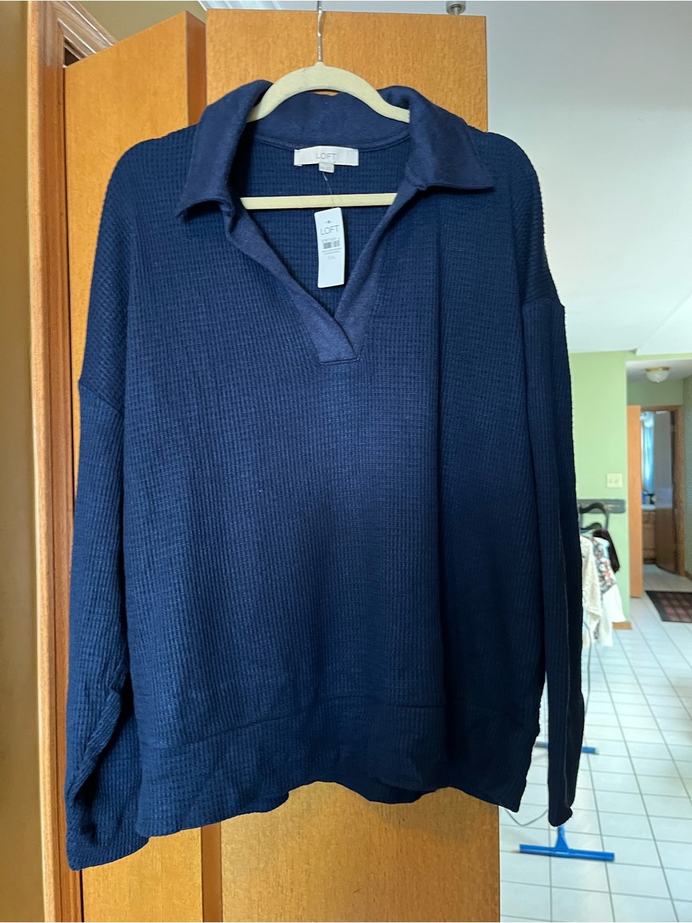 LOFT Navy Textured V-Neck Collared Sweater